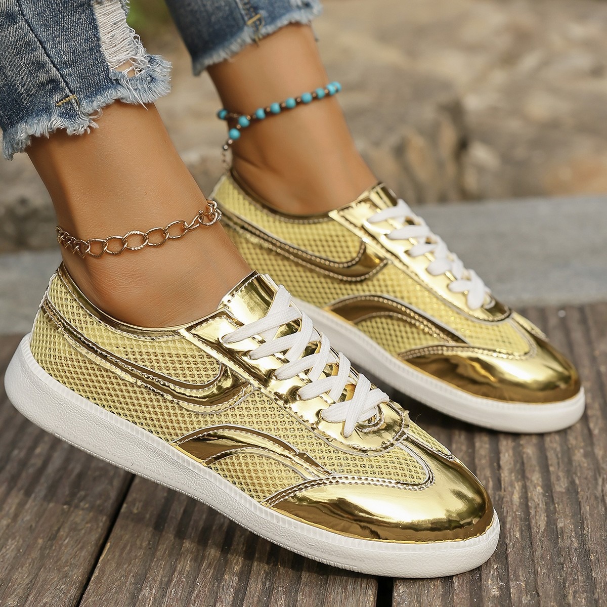 Knit Fabric Lace Up Sneakers - Yeni kadın spor ayakkabı nefes örme