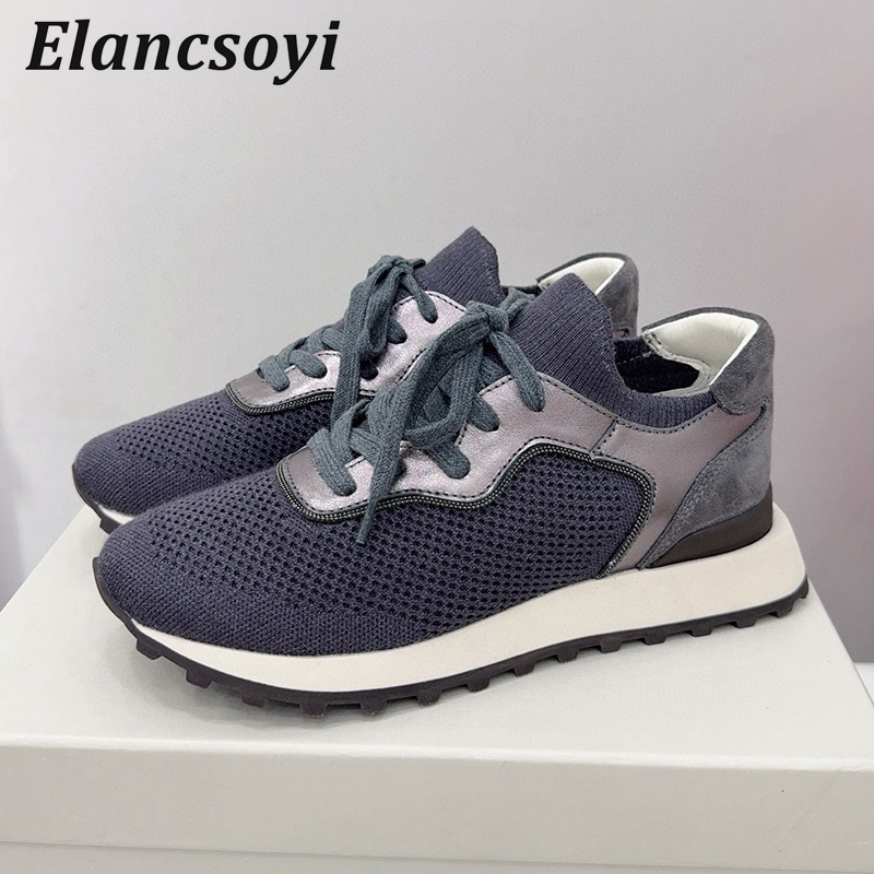 Knit Fabric Lace Up Sneakers - Düz ayakkabı kadın dize boncuk örgü