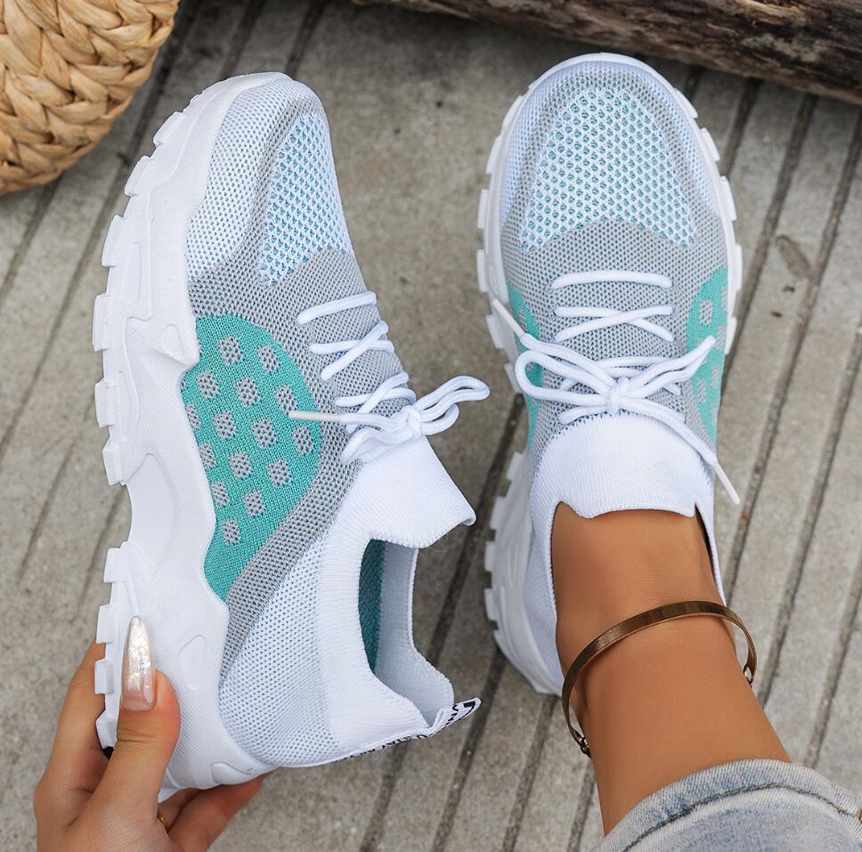 Knit Fabric Lace Up Sneakers - Kadın Nefes Alabilen Örgü File Spor