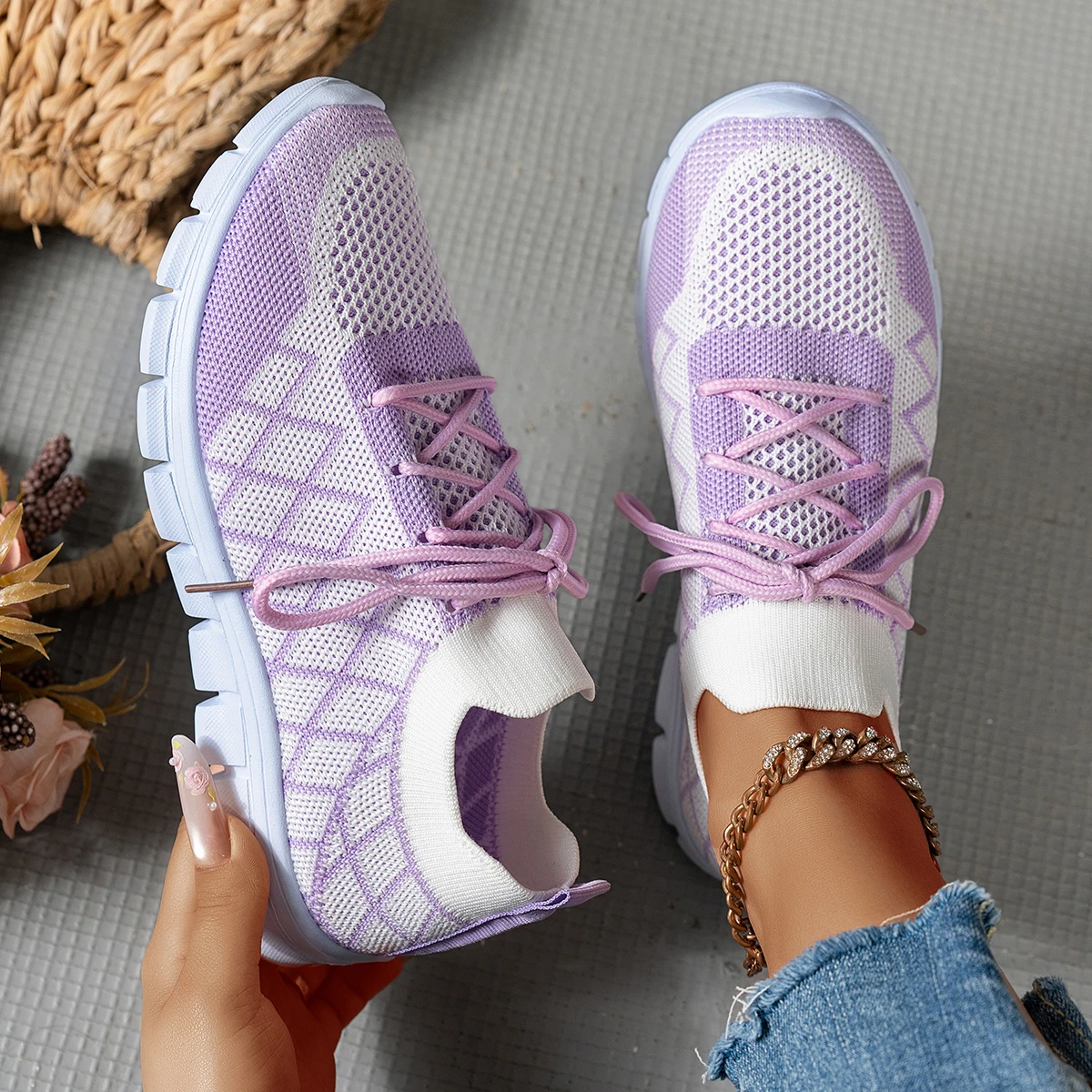 Knit Fabric Lace Up Sneakers - Kadın Örgü Çoraplı Spor Ayakkabı, Eşkenar