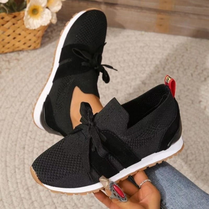 Knit Fabric Lace Up Sneakers - Yeni Siyah Örgü Nefes Alabilen Kadın