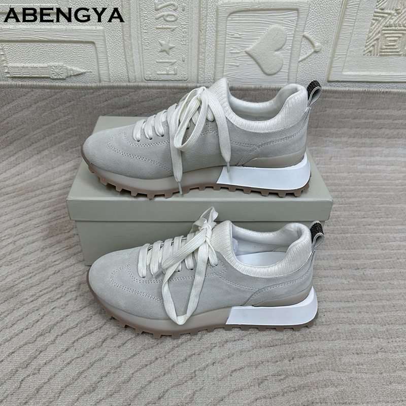 2025 Beyaz Örme Süet Düz Loafe - Knit Fabric Lace Up Sneakers incelemesi ve fiyatı